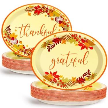 Imagem de 50 peças de pratos ovais de papel de ação de graças grandes 28 cm descartáveis para festa de outono outono folha de bordo dar graças, bandeja de prato resistente com design de folha de ouro para churrasco de carnaval, jantar de mesa, amarelo