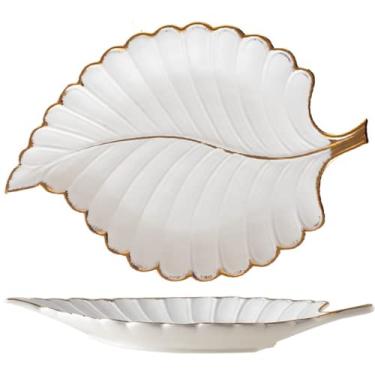 Imagem de Disoza Bandeja de Jóias Prato Cerâmica para Porta Anéis 10,6“ x 7,9” Tigela Chaves Branca Presentes Aniversário Mulheres Folha Estética Decoração Mesa Café Quarto Bonito Apartamento Casa Banho Cómoda