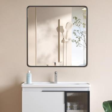 Imagem de miroro 76 cm C x 76 cm L Espelho de banheiro emoldurado de metal preto para parede espelho retangular redondo antiferrugem, vidro temperado, pendurado horizontal ou verticalmente