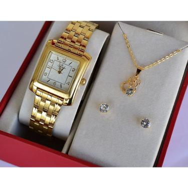 Imagem de Relogio champion feminino dourado quadrado CN26448W + kit semi joia