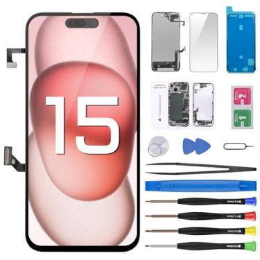 Imagem de Risidamoy Substituição de tela para iPhone 15 com cabo flexível para fone de ouvido, sensor de luz ambiente, visor LCD sensível ao toque, digitalizador, conjunto completo com kits de ferramentas de