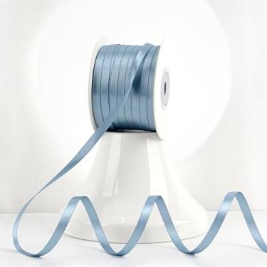 Imagem de MEEDEE Fita de cetim azul empoeirado 1/4 polegada Lux dupla face 100 metros carretel azul fita fina para artesanato, embrulho de presente, ornamentos, decoração de férias, laço de cabelo, casamento