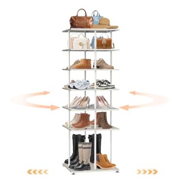 Imagem de PHUNIGEEFT Sapateira giratória giratória: Suporte giratório para botas 360 de 7 níveis de metal, organizador de sapatos vertical, economia de espaço para varanda, entrada, porta, sala de estar, branco