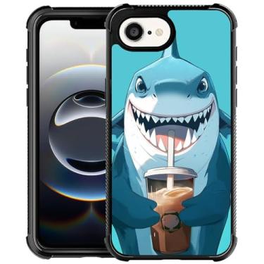 Imagem de FKBRCL4U Capa para iPhone 16e, design gráfico para meninas, meninos, silicone macio, acrílico, proteção contra choque, projetada para iPhone 16e desenho animado tubarão bebida café padrão