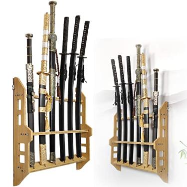 Imagem de Suporte de espada suporte de parede para espadas, suporte para katanas, prateleiras para espadas, suporte de parede de madeira para exibição de armas com 3 a 9 camadas, gancho vertical para espadas