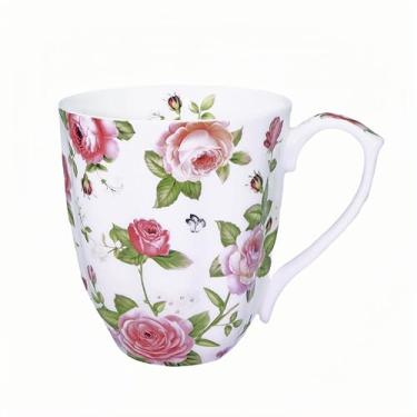 Imagem de Glen Mila Caneca de café fofa de 368,5 g para mulheres Bone China caneca de café canecas fofas canecas de Natal presentes de aniversário para mães amigas (caneca de rosa branca de jardim)