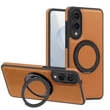 Imagem de Newhalper Capa magnética de couro adequada para Samsung Galaxy S25 Edge [compatível com MagSafe] [Suporte e suporte de anel rotativo de 360 graus] Capa de telefone para Samsung S25 Edge (marrom)