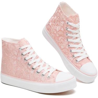 Imagem de BENPAO Tênis feminino de lona de cano alto, bordado floral, tênis moderno - branco respirável casual para caminhada, rosa, 36