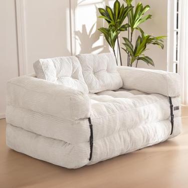 Imagem de MAXYOYO Sofá-cama dobrável, sofá-cama conversível em forma de L com apoio de braço Sofá-cama dobrável com travesseiro, cadeira dobrável portátil confortável para sala de estar, quarto, bege, casal