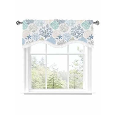 Imagem de Coral, estrela-do-mar, oceano, saia, para janelas, com bolso de varão, 45,72 cm, saia de cozinha, abstrata, azul, para quarto, sala de estar, 137 cm L x 45,7 cm C com borla, 1 painel