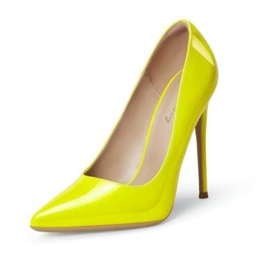 Imagem de Scarpin feminino GENSHUO 12 cm com Bico Fino Fechado, Salto Alto Agulha, Fácil de Calçar, Amarelo fluorescente, 40