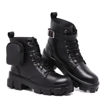 Imagem de Bota Coturno Mini Pocket Feminina Tratorada Cadarço Casual Preto-Feminino