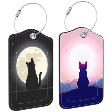 Imagem de Pacote com 2 etiquetas de bagagem para mala, gato preto, céu noturno, etiquetas de couro com etiqueta de identificação de nome de privacidade e laço de aço inoxidável para bolsa de viagem