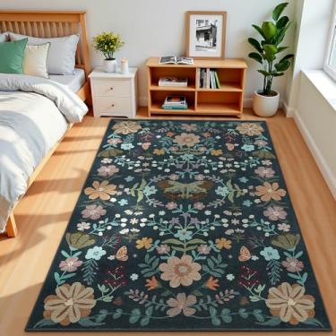 Imagem de Terrug Tapete floral verde escuro 10 x 15 cm para quarto, tapetes ultrafinos laváveis à máquina Boho com escurecimento antiderrapante para sala de estar, tapete de flores grande para sala de jantar