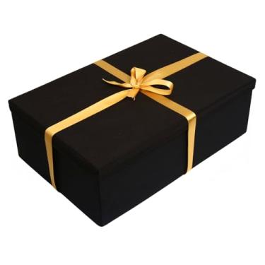 Imagem de Caixa preta para presente padrão premium luxo tamanho P M ou G com fitas para laço vermelha ou dourada Para Presentes Especiais, Kits ou Brindes dia dos namorados (fita dourada, G 42x15x28)