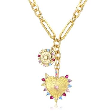 Imagem de BriLove Colar de ouro grosso para mulheres, pingente moderno, sol, lua, círculo, flor, coração, gargantilha, colares para acessórios de praia de verão, presente hip hop, Metal Cristal, Sem Pedra