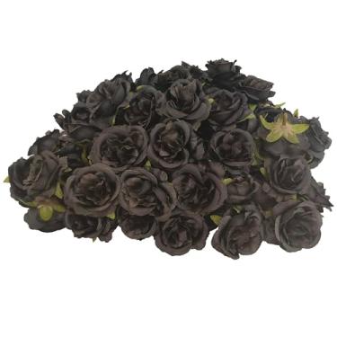 Imagem de ATFL Cabeças de flor de rosa de cetim artificial, 80 peças de cabeças de rosa de seda a granel, flor falsa, sem caule, para flores de rosas pretas sem haste artificial, para buquê de artesanato DIY