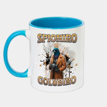 Imagem de Caneca Branca com Alça e Interna Azul de Porcelana 325ml - Spioniro Golubiro Italian Brainrot Meme