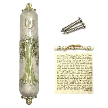 Imagem de CAMATET Mezuzá esmaltada pintada à mão de 9 cm com rolagem para porta – Design vintage oco com detalhes de cristal para presente de aquecimento de casas judaicas, decoração Hannukah (verde, pequena)