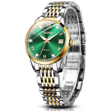 Imagem de OLEVS Relógios femininos automáticos com diamante de aço inoxidável com corda automática, relógios de pulso luminosos à prova d'água, L6602: Pulseira de dois tons e mostrador verde, Elegante