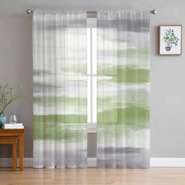 Imagem de Cortinas translúcidas abstratas, verde sálvia, cinza, bolso para haste, voile, cortinas transparentes para sala de estar, quarto, filtragem de luz e tratamento de janela de privacidade, L132 x C84