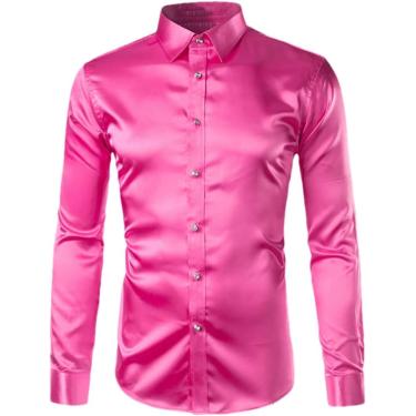 Imagem de Camisas Masculinas De Cetim Brilhante De Seda Como Camisas Sociais Casual Dance Party Camisa De Smoking De Manga Comprida, Rose Red, M