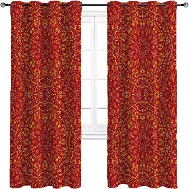Imagem de Cortina blecaute mandala vermelha, design estilo mandala, três camadas trançadas, anel de redução de ruído, cortina de sombra superior, L 132 x C 182 cm laranja amarelo