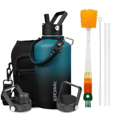 Imagem de YONICOER Garrafa de água isolada de 1,8 g, aço inoxidável a vácuo de parede tripla (lavável na lava-louças), à prova de vazamento e não BPA, jarro de garrafa com alça de paracord e tampas de bico de