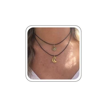 Imagem de Sttiafay Gargantilha de couro em camadas, colar de lua, de couro preto, dourado, sol, lua, pingente, colar, camurça, colar, joias femininas, Zinco, Sem Pedra Preciosa