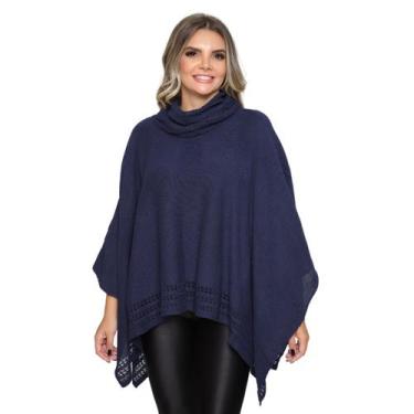 Imagem de Poncho Feminino Tricô Lã Gola Alta Confortavél Tendência Frio - Rosile