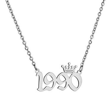 Imagem de MICOMAKA Número de ano de nascimento com colar de coroa, inglês antigo, joia de aniversário memorável para mulheres e meninas, joia de aniversário personalizada, pingente de aço inoxidável de ouro