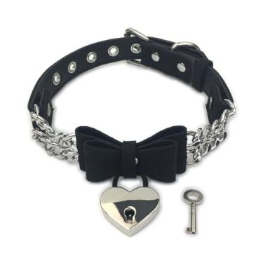 Imagem de Succuba Colar gargantilha de sino, colar de lolita, laço, gato, gatinho, veludo, cadeado, gargantilha, Regular, Couro sintético, Sem Pedra Preciosa