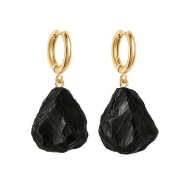 Imagem de Brinco de Argola Obsidiana Negra - Cristal Natural, Banho Ouro 18k
