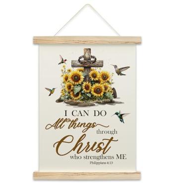 Imagem de Decoração de arte de parede cristã de girassol, presentes religiosos para mulheres, homens, decoração de igreja religiosa, versículo bíblico Filipenses 4: 13 banner de pendurar em tela, decoração de