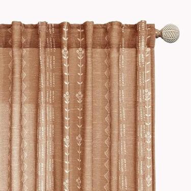 Imagem de Cortinas Terracotta Sheer Linen Boho com 203 cm de comprimento para sala de estar, conjuntos de 2 painéis
