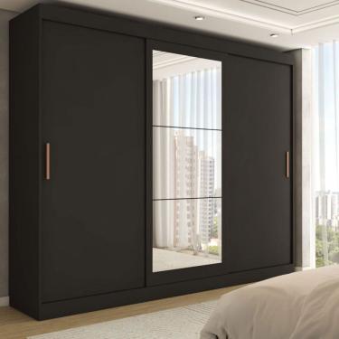 Imagem de Guarda-Roupa Casal Harvard 3 Portas 2 Gavetas com Espelho 100% Mdf Preto - Panorama Móveis