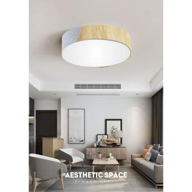 Imagem de Plafon Luminária de teto decorativa para casa, MD-3076 nórdicas em tecido e madeira 3 lâmpadas com difusor em poliestireno