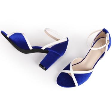 Imagem de Perphy Sandálias femininas de veludo com tira no tornozelo e salto grosso, Azul escuro, 38