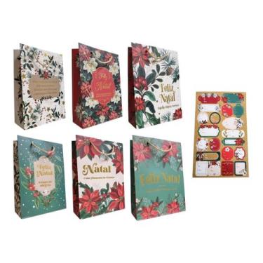 Imagem de Kit 6 Sacolas de Natal + Cartela Adesivo Presente Natalino - MultiA