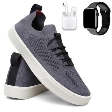 Imagem de Tênis Masculino Knit Casual Básico Calce Fácil Confortável + Fone + Relógio - Cinza/43