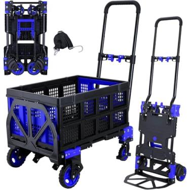 Imagem de Carrinho de mão 2 em 1 carrinho dobrável de 150 kg com cesta dobrável, caminhões de mão dobráveis para transporte pesado, combinação de 4 rodas e 2 rodas carrinho conversível com alça retrátil para
