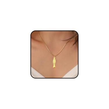 Imagem de sunglnl Colar de peixe dourado para mulheres, banhado a ouro 14k, grosso, litoral, sardinha, pingente, pingente, joia náutica, presente de verão, Chain Length 40 CM/15.75 Inch + 5 CM/1.97 Inch, Aço