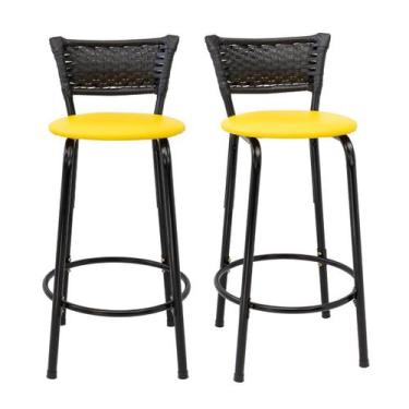 Imagem de Kit 2 Banquetas Para Bancada 60cm Preta Junco Preto Balcão Ilha Bistrô