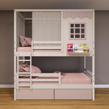 Imagem de Beliche Casinha Reta 02 Gavetas Rosa Grade Removível E Cortina Madeira Maciça Branco/ Rosa Housin