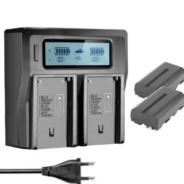 Imagem de Kit 2x Baterias e Carregador Duplo NP-F550 / NP-F570 para Monitores, Iluminadores Leds e Estúdio