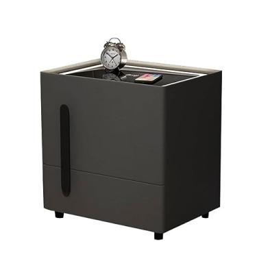 Imagem de Mesa de cabeceira com 2 gavetas de alto brilho com desbloqueio de impressão digital, mesa de cabeceira inteligente para quarto com carregamento sem fio