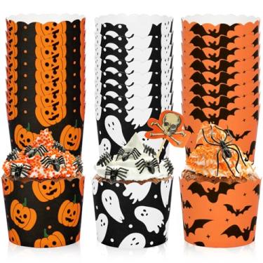 Imagem de JarThenaAMCS 120 peças de copos de papel para o Dia das Bruxas, abóbora, fantasma, morcego, envoltórios de cupcake laranja, preto e branco, bordas recortadas, capas de muffin para decoração de