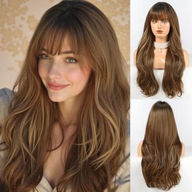 Imagem de HAIRCUBE Peruca Longa Ombré Marrom Com Mechas E Franja, Em Camadas, Cacheada, Para Mulheres, Peruca Sintética Natural Para Uso Diário (Pelucas De Cabelo Natural)