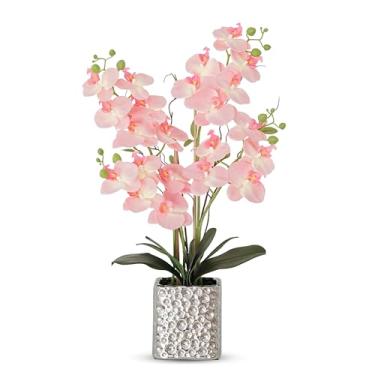 Imagem de Flores artificiais de orquídea com vaso de prata flores falsas grandes de seda Phalaenopsis para sala de jantar, mesa de centro de mesa floral, decoração interna, rosa