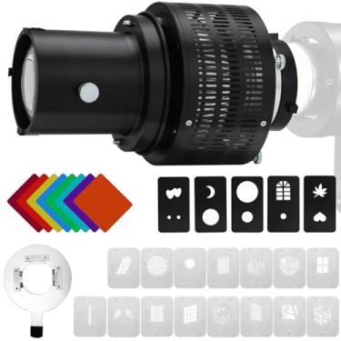 Imagem de Bowens Mount Spotlight Kit de filmagem óptica cônica, acessório de iluminação de estúdio de fotografia com 20 Gobos (25 padrões) e 8 filtros de cor compatíveis com Aputure Amaran, Godox LED Video
